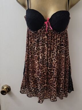 Leopard Print Babydoll Nightdress with Black Lace Cups